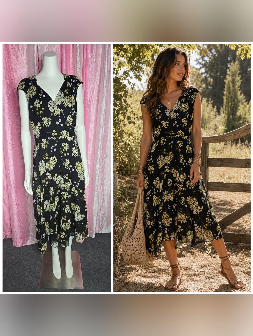 Liz Claiborne Black Floral Boho Flowy Chiffon Lined Midi Dress Size 10